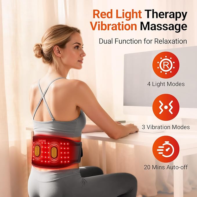 Comfytemp Red Light Therapy Massage Belt with Vibration, Wearable Flexible Near Infrared Lower Back Massager for Waist Belly, Gifts for Women Mom, 660nm & 850nm