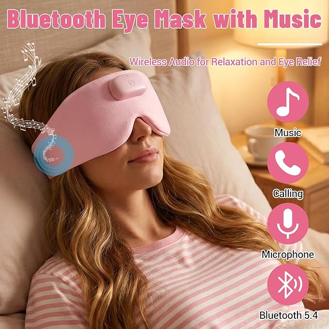 Heated Sleep Mask with Bluetooth Headphones, Cordless Rechargeable Heating Eye Mask with Adjustable Heart Timer Music, Washable Sleeping Mask with Bluetooth Headphones for Dry Eyes (Pink)