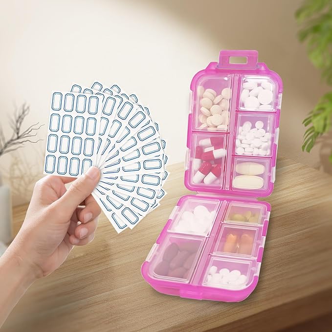 INVODA 12PCS 10-Compartment Pill Organizer BPA-Free Travel Pill Case with Daily Labels Portable Medicine Box for Vitamins, Supplements & Jewelry