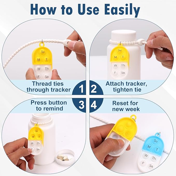 3 Pack Pill Reminder Medication Pill Tracker Bottle with Ties Reusable Daily Medication Tracker Portable with Button 7 Day Memory Aid Medication Dose Silicon for The Elderly Red Yellow Blue(3)