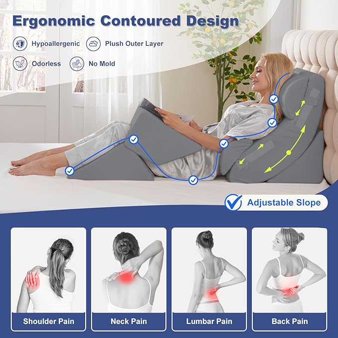 6PCS Multi-Functional Bed Wedge Pillow Kit - 7-in-1 Orthopedic Support for Back/Neck/Legs, Post Surgery Recovery & Sitting Up in Bed, Post Surgery Foam for Body, Grey