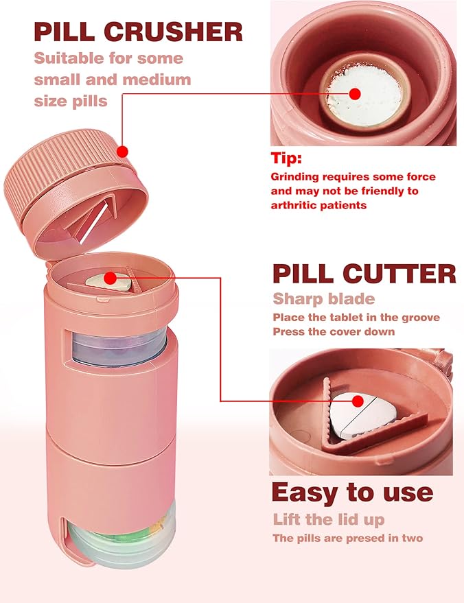3 in 1 Portable Pill Cutter&Crusher with Pill Holders 7 Day Small Compartments, Pill Splitter and Grinder for Pills,Tiny Round Daily Medicine Storage,Small Travel Pill Box for Purse(New Pink)