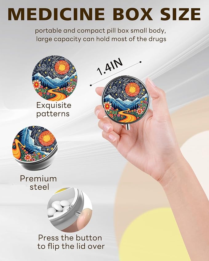 LRITER Pill Case, Portable Travel Pill Box, Pillbox Organizer, Cute Small Medicine Storage Container, Purse Accessories for Women, Men (Sunrise)