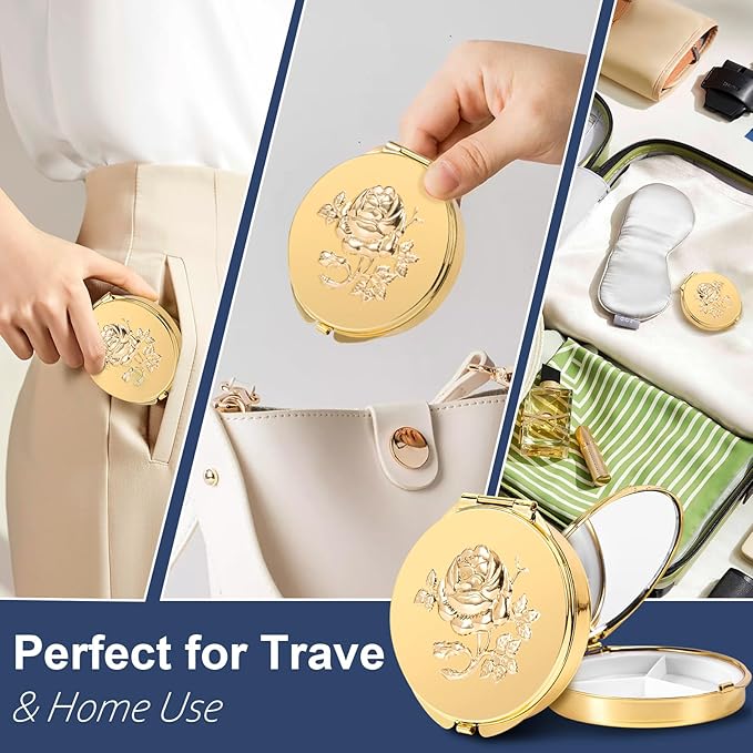Portable Round Metal Pill Case with Mirror, Featuring 3 Compartments—Perfect for Travel. BPA-Free. (S-Gold, Small)
