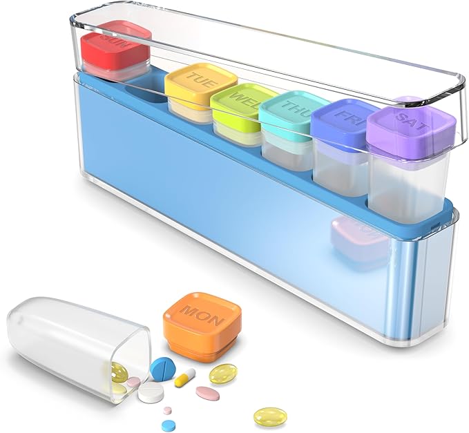 Weekly Pill Organizer 1 Time a Day, HIONXMGA Portable Detachable Travel Pill Box 7 Day, Large Once Daily Pill Holder Case, Color-Coded Dispenser for Vitamin Medicine Supplement Fish Oil, Blue