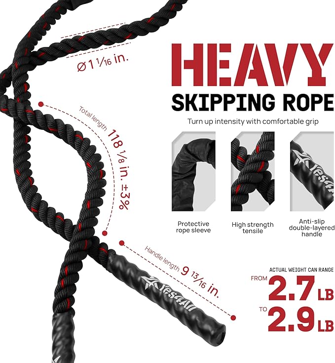 Yes4All Weighted Jump Rope, 2.8LB Heavy Skipping Rope with Anti-Slip Double Layer Handle & Protective Sleeve for Fitness, Cardio, Muscle Training - Carry Bag Included