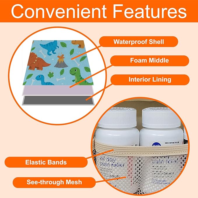Medium Travel Pill Bottle Organizer, Child Medicine Bag with Zipper Toy, Carrier for Kids Medications and Medical Supplies - Dinosaurs
