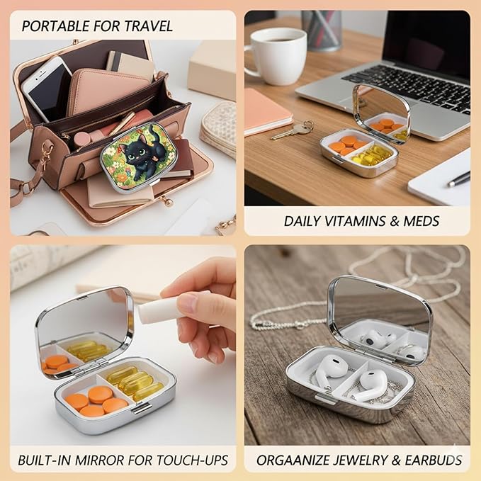 Square Pill Case Small Pill Box with Mirror Pocket 2 Compartment Vitamin Pill Medicine Case Organizer Pill Containers for Traveling Garden Cute Black Cat