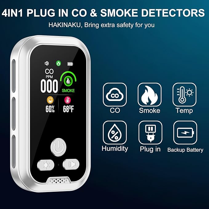 4in1 Plug in Smoke & Carbon Monoxide Detector Combination Builti-in 2000mAh Backup Battery HD Screen [Smoke CO Temp Humidity Sensor] for Home Hotel Travel (1 Pack, White)