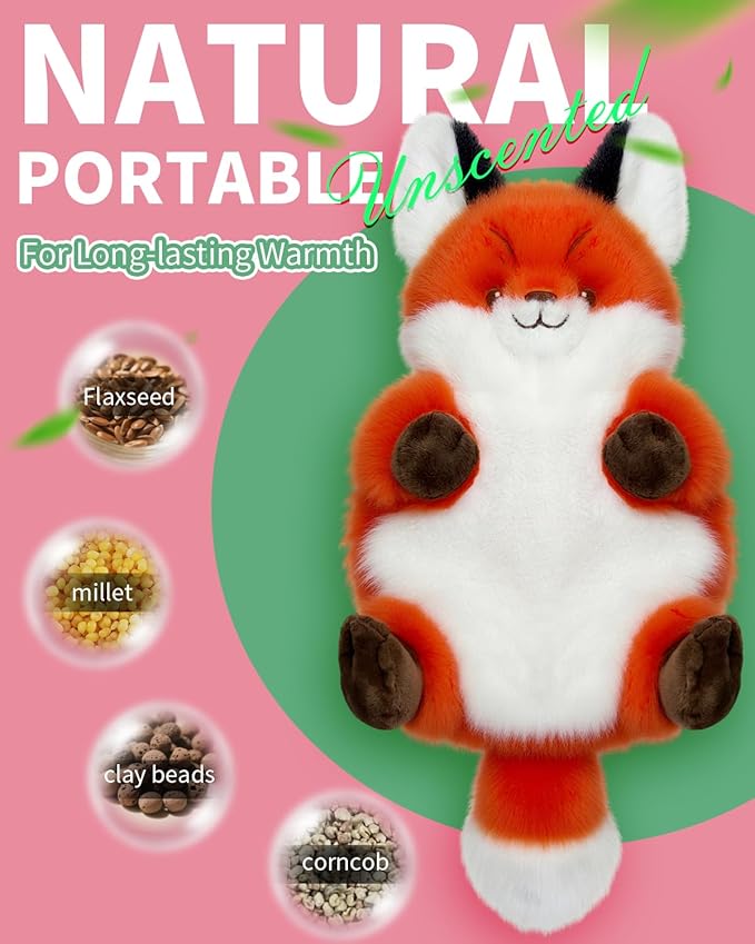 Red Fox Microwave Heating Pad for Period Cramps, Microwavable Stuffed Animal Cute Moist Weighted Plush Heating Bean Bag with Removable Cover Unscented Heatable Gifts