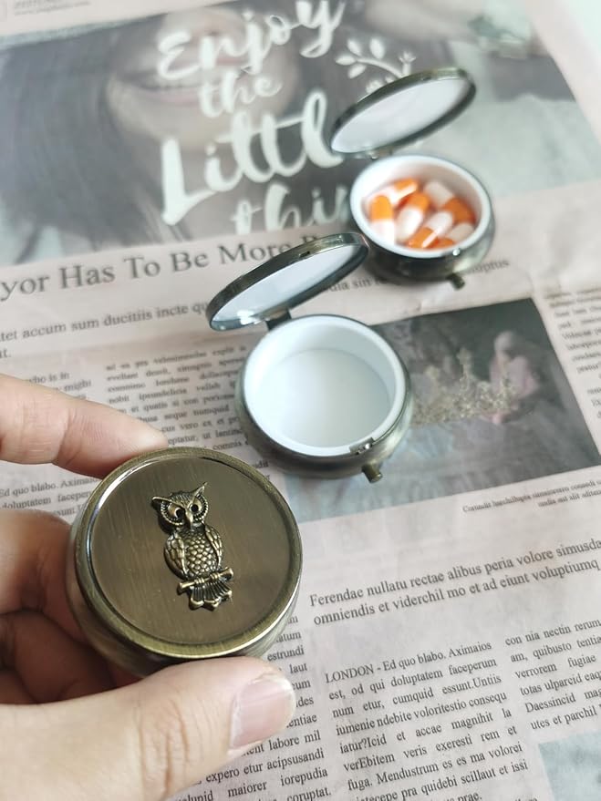 Vintage Metal Pill Box with Owl Design, Round Travel Pill Organizer, Small Bronze Portable Pill Box for Pocket or Purse,Decorative Metal Medicine Vitamin Pill Case Classical