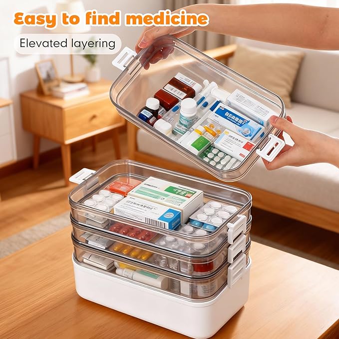 5-Tier Medicine Organizer-12 x 7 x 12.2 Inch Portable Medicine Cabinet Organizer with Plastic Handle All-Purpose Medical Box with Complimentary Portable Pill Box Empty First Aid Kit for Home