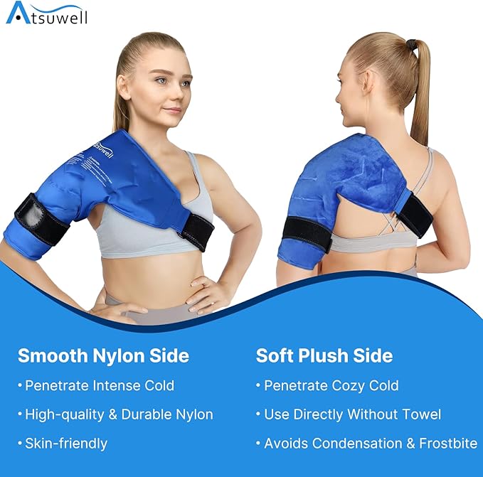 Atsuwell Shoulder Ice Pack Rotator Cuff Cold Compression, Reusable Gel Ice Pack Shoulder Wrap, Flexible Arm Cold Pack for Men and Women, Blue