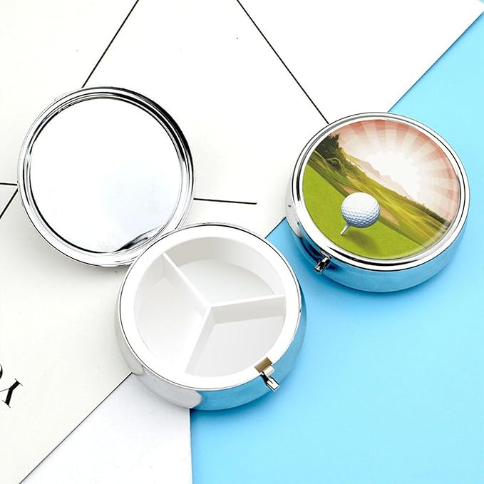 Golf Sport Pill Box Travel Pill Case for Purse Pocket Weekly Medicine Organizer with Mirror 3 Compartment Round Medicine Case Portable PillcaseHolder for Daily