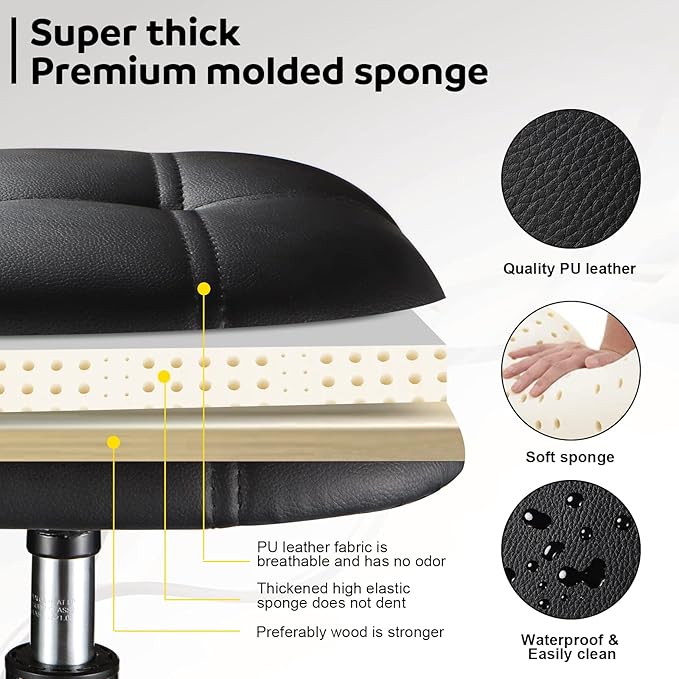 Square PU Cushion Rolling Stool with Wheels Height Adjustable Swivel Stools Office Chair Black