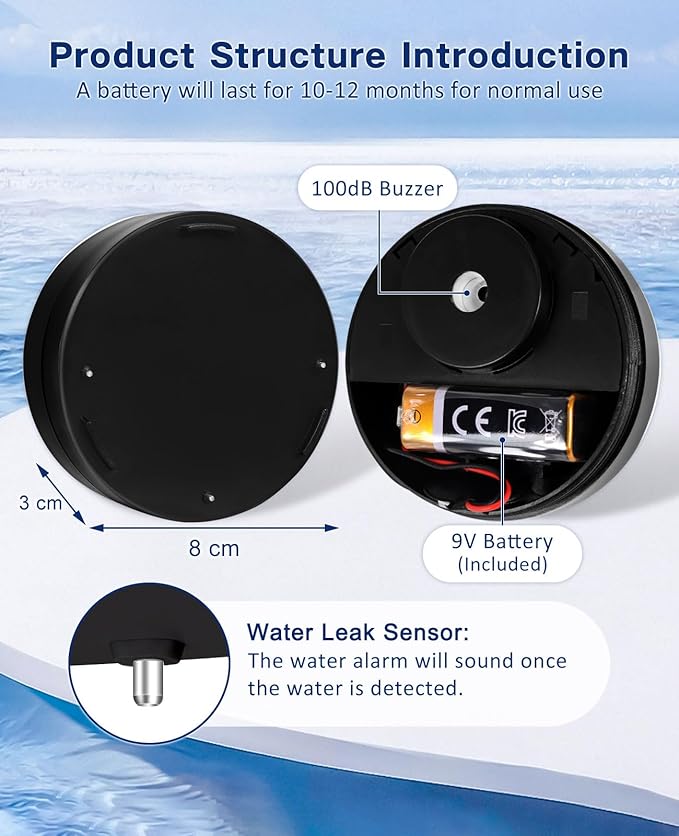 Geevon 4 Pack Water Leak Detectors, 100dB Water Sensor Alarms Flood Detector for Basements, Bathrooms, Laundry Rooms, Kitchens, Garages, and Attics, Water Alarms Battery-Operated (Battery Included)