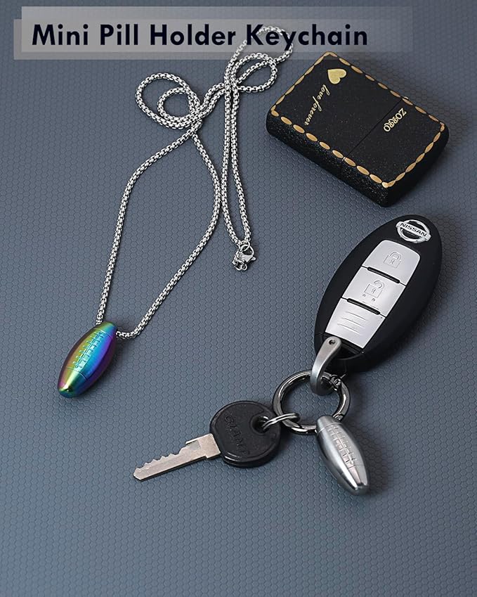 Tiny Keychain Pill Holder, Mini Pill Case Pendant, Small Metal Pill Box Micro Pill Container for Travel Purse Pocket (Silvery, Mini)