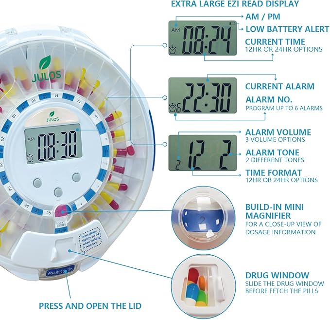 JULOS 28-Day Automatic Pill Dispenser with Alarm for Chronic & Alzheimer’s Care, Locked Medication Organizer w/Easy-Read LCD Display, Sound & Light & Alerts for Medication, Vitamins & More, Clear Lid