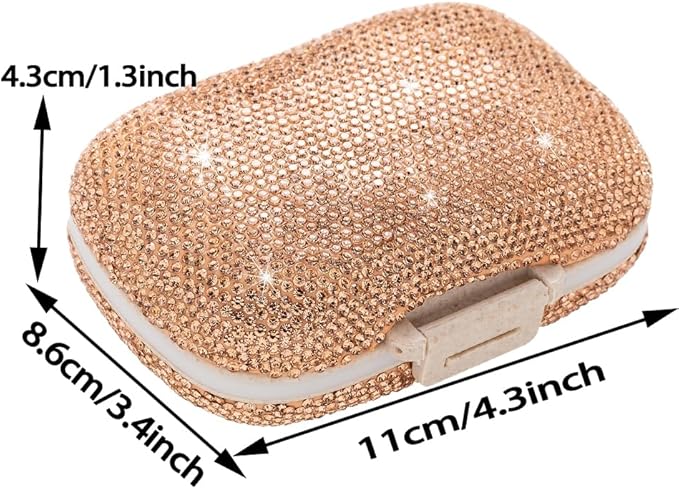 Daily 6 Compartments Pill Box Container Bling Diamond for Purse Medicine Container Holder for Women Travel Kit Medicine (Honey Peach)