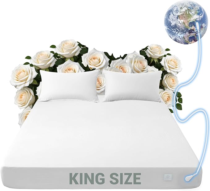 Grounding Sheets King, 90% Organic Cotton + 10% Silver Fiber, Grounding Sheets Can Improve Sleep and Sub-Health, Grounding Well Bed Sheets with 15 ft Gounding Wire(White,76"x80"x13")