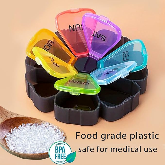 7 Day Pill Case for Medication, Vitamins, Fish Oils, Supplements, Travel Pill Box (Black Rainbow)