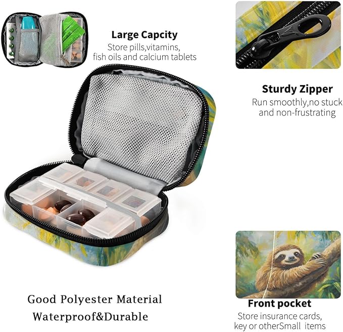 Fustylead Vintage Cute Tropical Sloth on Branch Oil Painting Travel Pill Organizer Bag with Zipper Small Pill Box 7 Day Pill Case for Purse Storage Weekly Vitamin Medicine Supplement