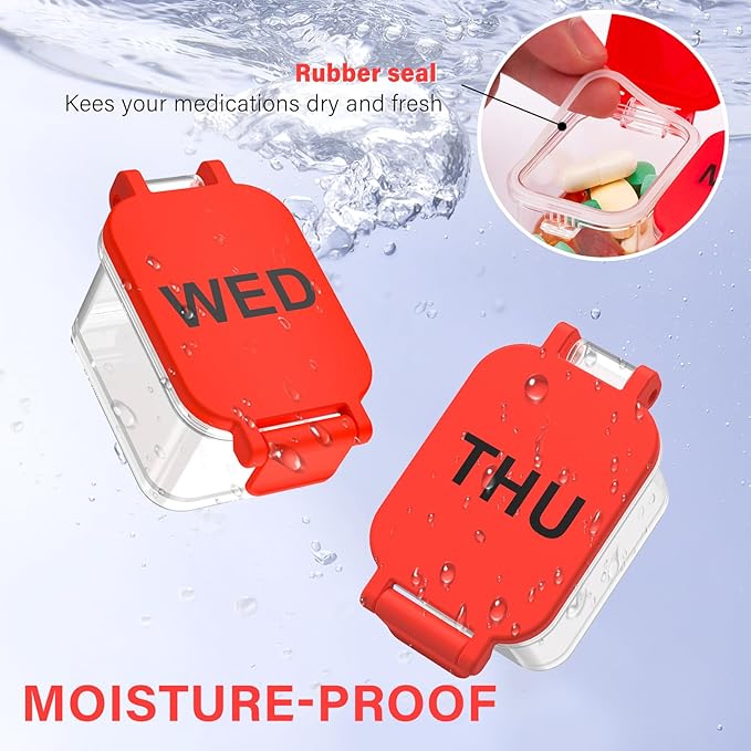 Extra Large Weekly Pill Organizer - Waterproof 7-Day Pill Box, Portable Vitamin & Supplement Case, Easy to Open Design, Ideal for Travel a nd Daily Medication Management (Red)
