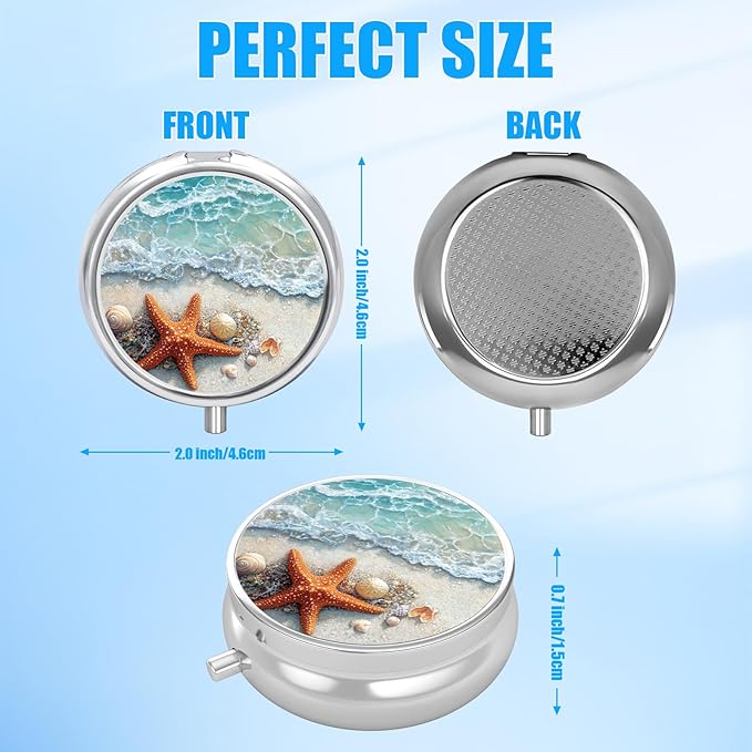 Pill Box, 3 Compartments Small Pill Case Travel Portable Metal Medicine Box with Mirror Mini Container for Purse Pocket Women Men(Beach Starfish)