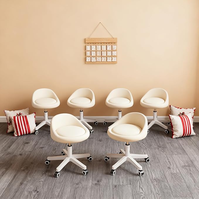 Rolling Stool Set of 6– Ergonomic Swivel Seat, Adjustable Height, Ultra-Quiet Wheels, Padded PU Leather Cushion, for Salon, Office, Massage & Medical Use Beige