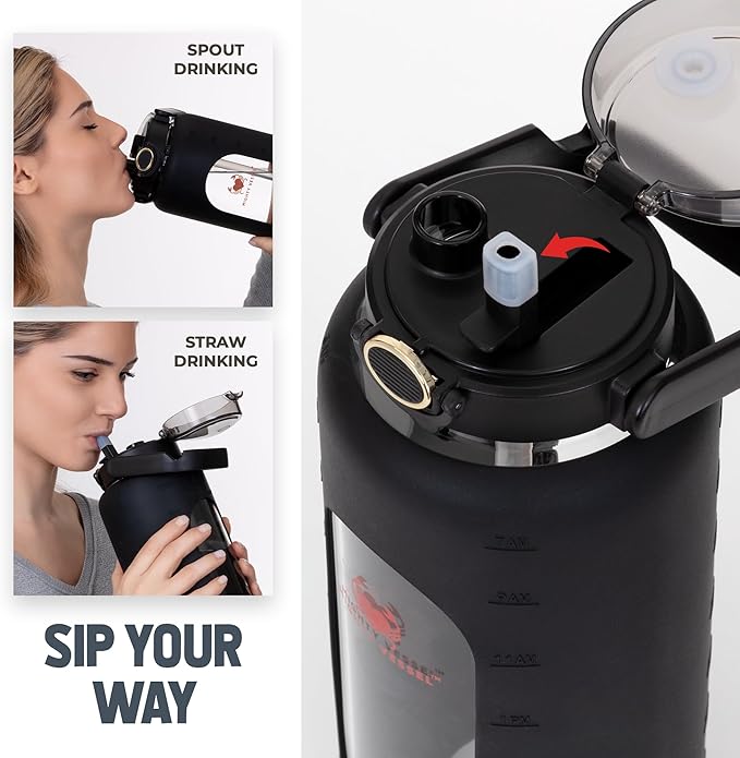 64 Oz Water Bottle with Time Marker & Straw - Black Pregnancy 2 Liter Glass Water Bottles with Measurements - Daily intake bottle - Leakproof Borosilicate jug