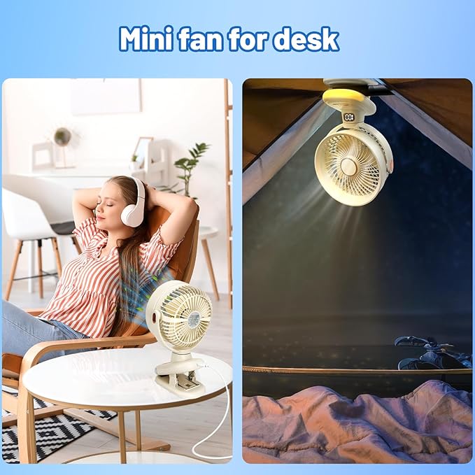 Portable Clip on Fan, Battery Operated Small Powerful USB Desk Fan with Night Light & LED Display Screen, Mini Table Fan, 360° Rotate Personal Fan for Home Office Stroller Camping (Beige)