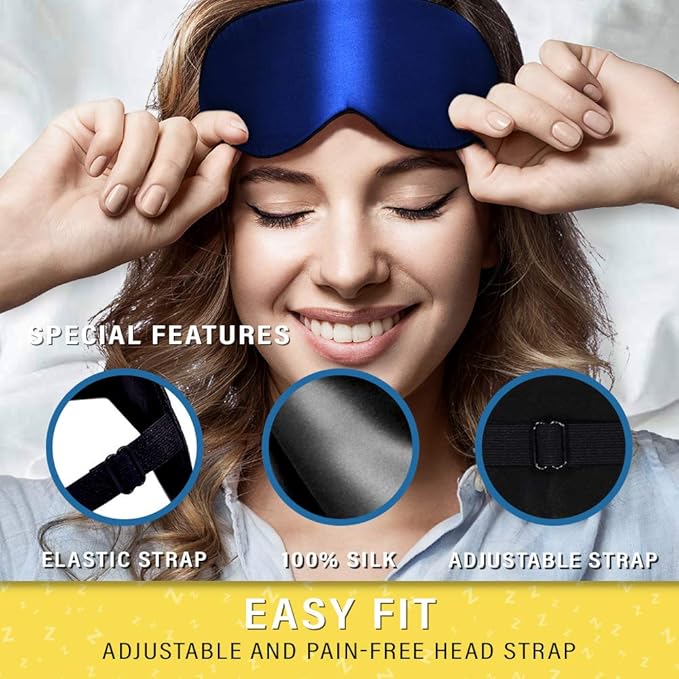 Silk Sleep Eye Mask for Men Women, Comfortable Super Soft Eye Mask with Adjustable Strap, 100% Pure Silk, Blocks Light, Jersey Slumber (Blue, 1 Count (Pack of 1))