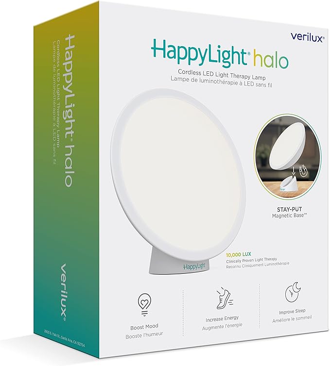 Verilux HappyLight Halo - Cordless LED Light Therapy Lamp with a 360° Magnetic Base & Rechargeable Battery for Portable, UV-Free, Full Spectrum 10,000 LUX Light with Adjustable Brightness and Color