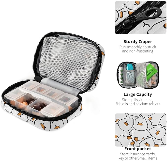 Pill Box Cute Duck 7 Day Pill Case Travel Pill Organizer Bag with Zipper Portable Weekly Vitamin Medicine Supplement Holder Pouch Bag