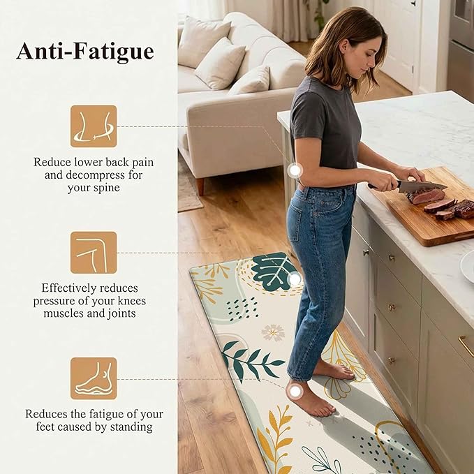 Boho Kitchen Rug Mats for Floor Cushioned Anti Fatigue Green Kitchen Rugs Sets of 2 Botanical Non Slip Waterproof Comfort Memory Foam Standing Floor Mat for Office Laundry Sink Desk