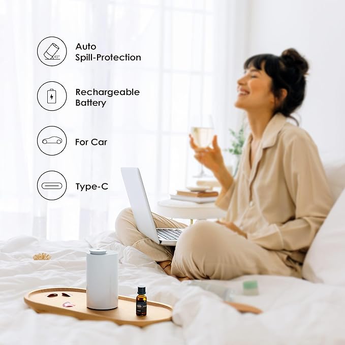 Waterless Essential Oil Diffuser Starter Kit with 30mL Hotel Fragrance Oil Inspired by Four Season, Battery Operated Car Diffuser, Portable Aroma Nebulizer for Home Car Office, AN6Kit-2, White