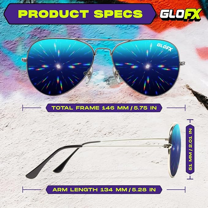 GloFX Diffraction Glasses | Hippie and Pilot Style Metal Frames with Mirror Lens and 3D Prism Rainbow Effect