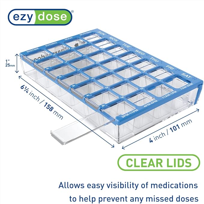 Ezy Dose Weekly (7-Day) Pill Organizer, Vitamin and Medicine Box, Small Compartments with Easy Fill Tray, 4 Times a Day, Clear Lids, Color May Vary, Assorted (Pack of 2)