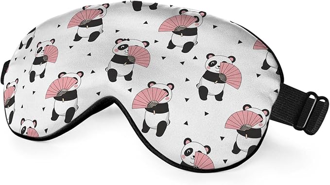 Cute Panda Bears Silk Eye Mask Sleep Mask Dandelion Pink Flower Cute Cartoon Eye Mask with Adjustable Strap Lightweight for Women Work Travel Night Sleep