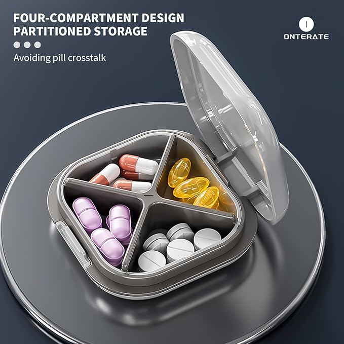 Small Pill Case, Travel Pill Organizer, Small Pill Box, Pill Container for Purse 4 Compartments, Daily Compact Travel Medicine Holder for Vitamins Medication (Black)