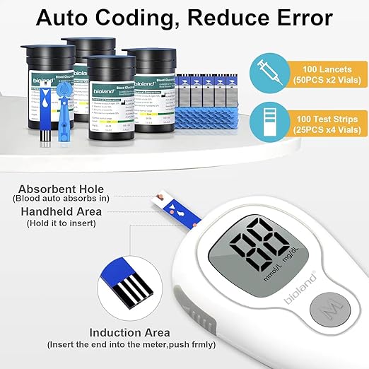 Glucose Monitor Kit, Diabetes Testing Kit, Blood Glucose Meter, 100 Glucometer Strips, 100 Lancets, Test Strips Blood Sugar Meter Glucometer