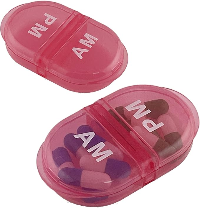 Deke Home - Pill Organizer AM PM, 2 Compartment Pill Box for Pocket or Purse, Small Daily Medicine Case, Travel Pill Holder, Easy Open Pill Container for Seniors, Vitamins & Supplements (Pink)