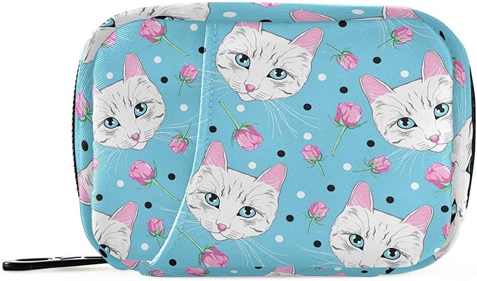 Pill Box Cat Rose 7 Day Pill Case Travel Pill Organizer Bag with Zipper Portable Weekly Vitamin Medicine Supplement Holder Pouch Bag
