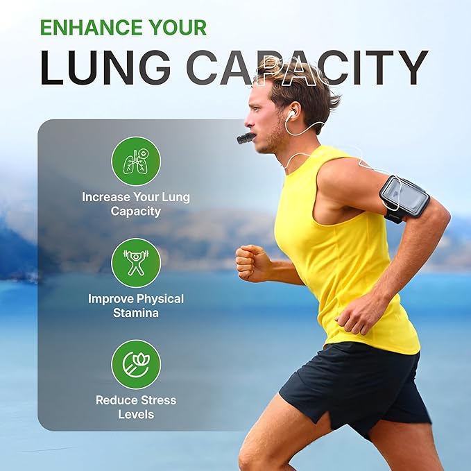 Portable Compact Lung Trainer Exercise Device with High Grade Silicone, Breathing Exercise Device for Lungs, Portable Muscle Trainer, Easy to Clean, Neck Strap Included, (Green-1)