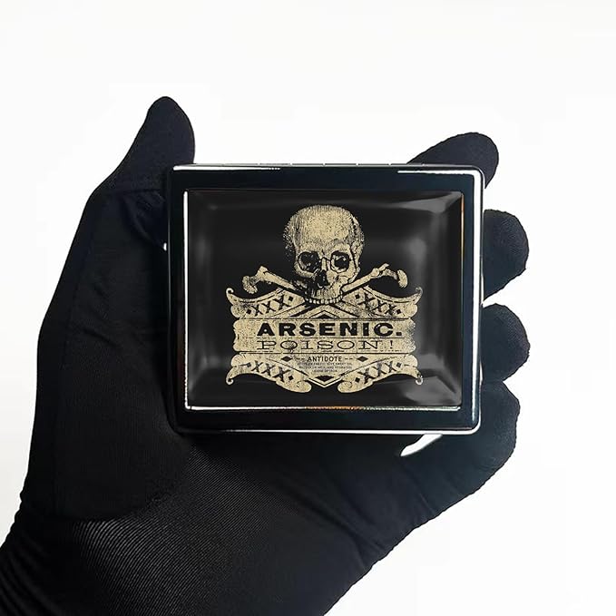 7 Days Chromed Shiny Silver Pill Organizer with Mirror Inside Has 8 Separate Compartments Rectangle 7 Days Pill Box Pill Case (Vintage Arsenic Skull Poison)