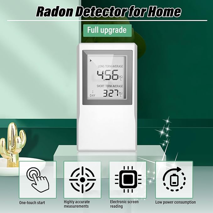 Radon Detector for Home, Allows Short and Long Term Monitoring of Radon Levels in The Air, Dual use for Hanging and Tabletop Placement, US Version-Pci/L,Radon Detector,Home Radon (White)