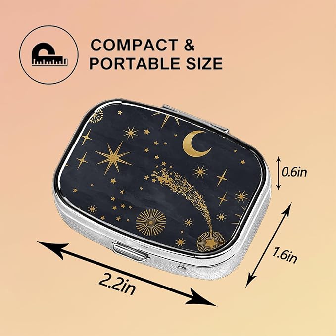 Square Pill Case Small Pill Box with Mirror Pocket 2 Compartment Vitamin Pill Medicine Case Organizer Pill Containers for Traveling Moon and Stars