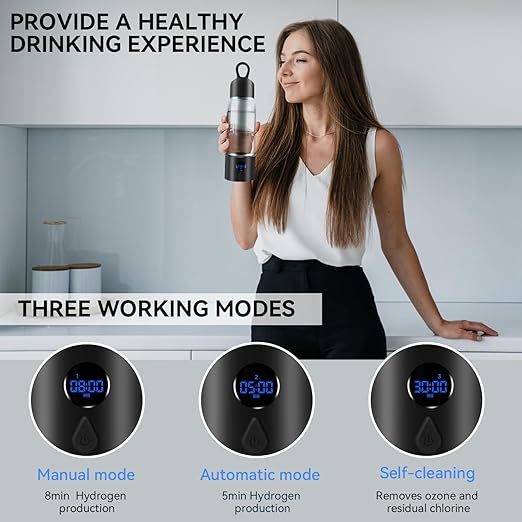 Hydrogen Water Bottle with Three Modes Produces 5000 PPB of Hydrogen Water in 8 Minutes,Made of Aluminium and Glass,with Colorful Light,Rechargeable for Travelling,Office,Home (Black)