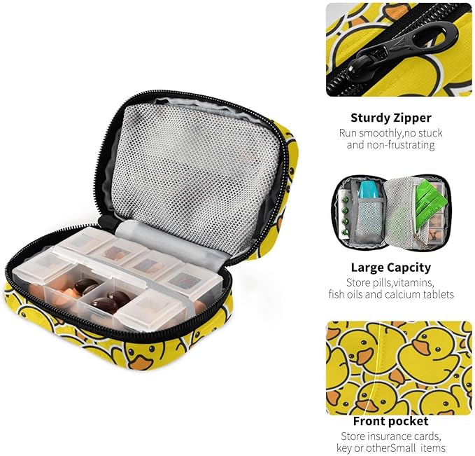 Pill Box Yellow Duck Cartoon 7 Day Pill Case Travel Pill Organizer Bag with Zipper Portable Weekly Vitamin Medicine Supplement Holder Pouch Bag
