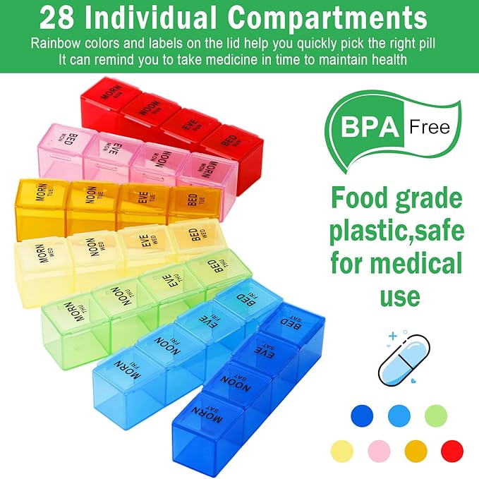 Hsei 4 Pack Pill Organizer Monthly XL Large Weekly Pill Organizer 4 Times a Day Box 7 Day Moisture Proof 4 Weeks Case Large(8.2 x 4.6 x 1.2 Inch)